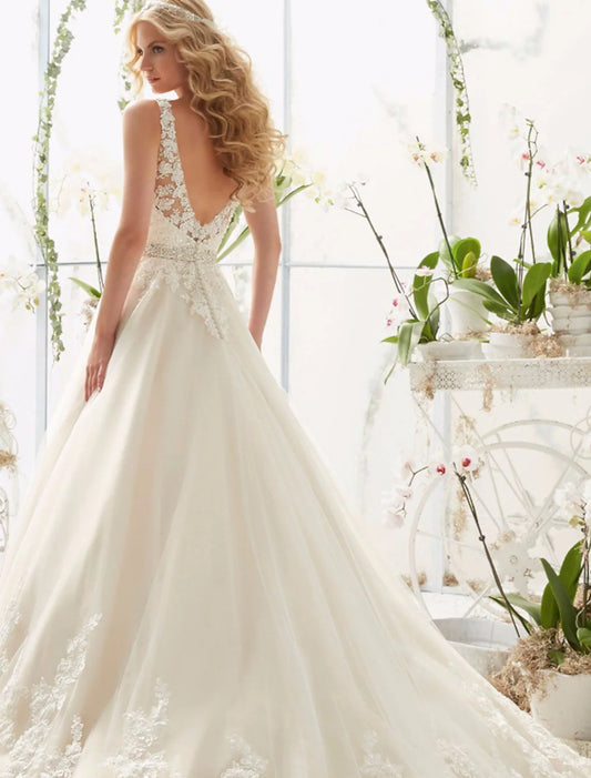 Engagement Open Back Sexy Formal Wedding Dresses A-Line Regular Straps V Neck Lace