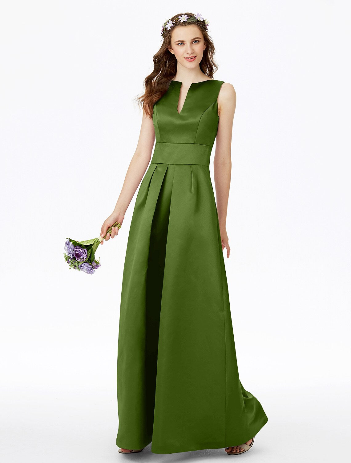 A-Line Bridesmaid Dress Notched Sleeveless Elegant Floor Length Satin with Pleats Pocket