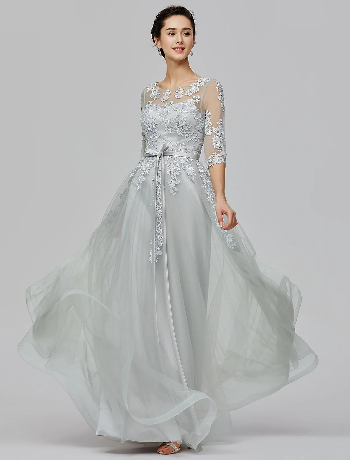 A-Line Dress Wedding Guest Floor Length Half Sleeve Tulle with Bow(s) Appliques