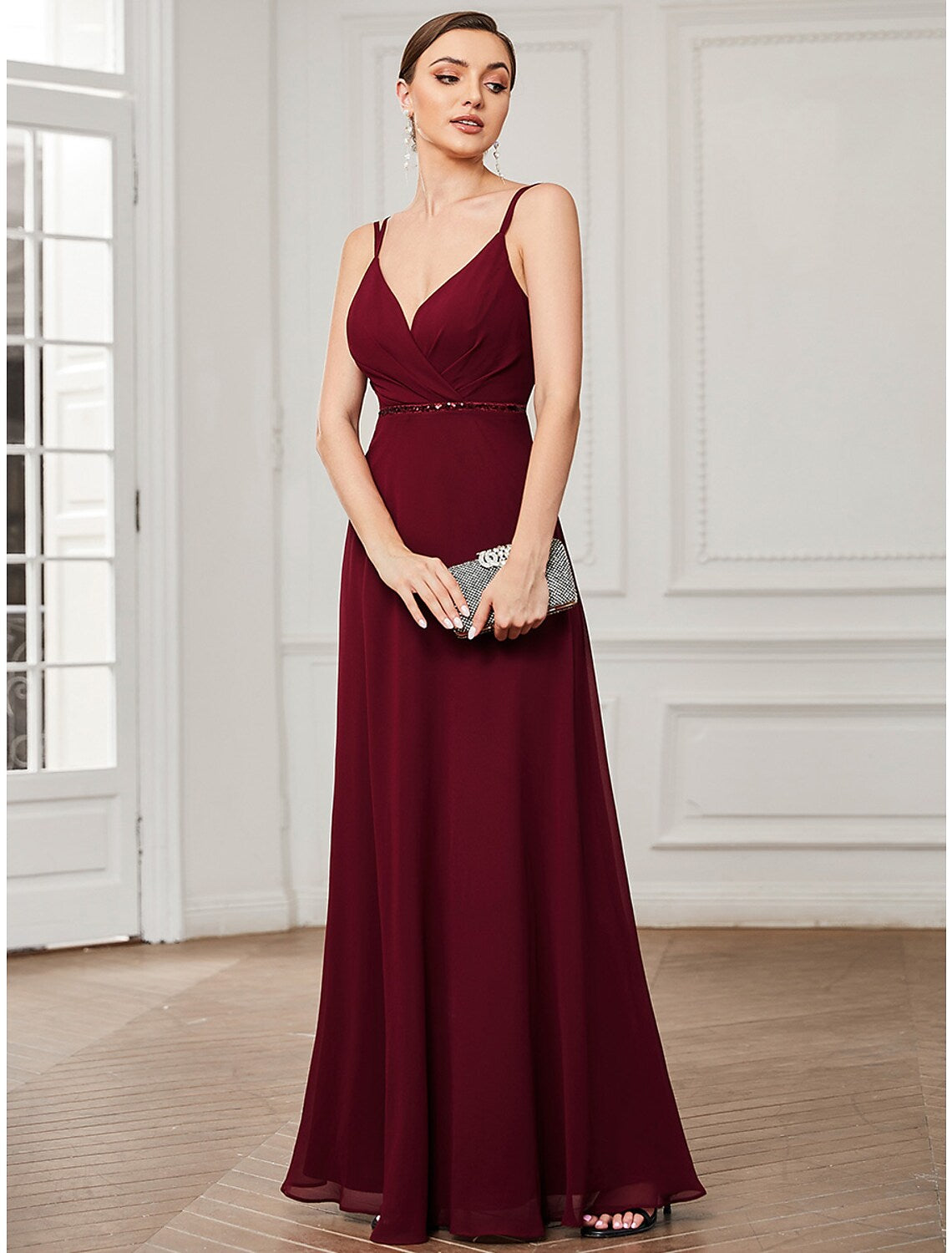 A-Line Prom Dresses Vintage Formal Floor Length Sleeveless V Neck Chiffon Crisscross Back with Sash Ribbon