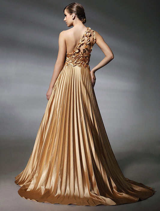 Dress Formal Evening Sleeveless One Shoulder Stretch Satin with Pleats Beading