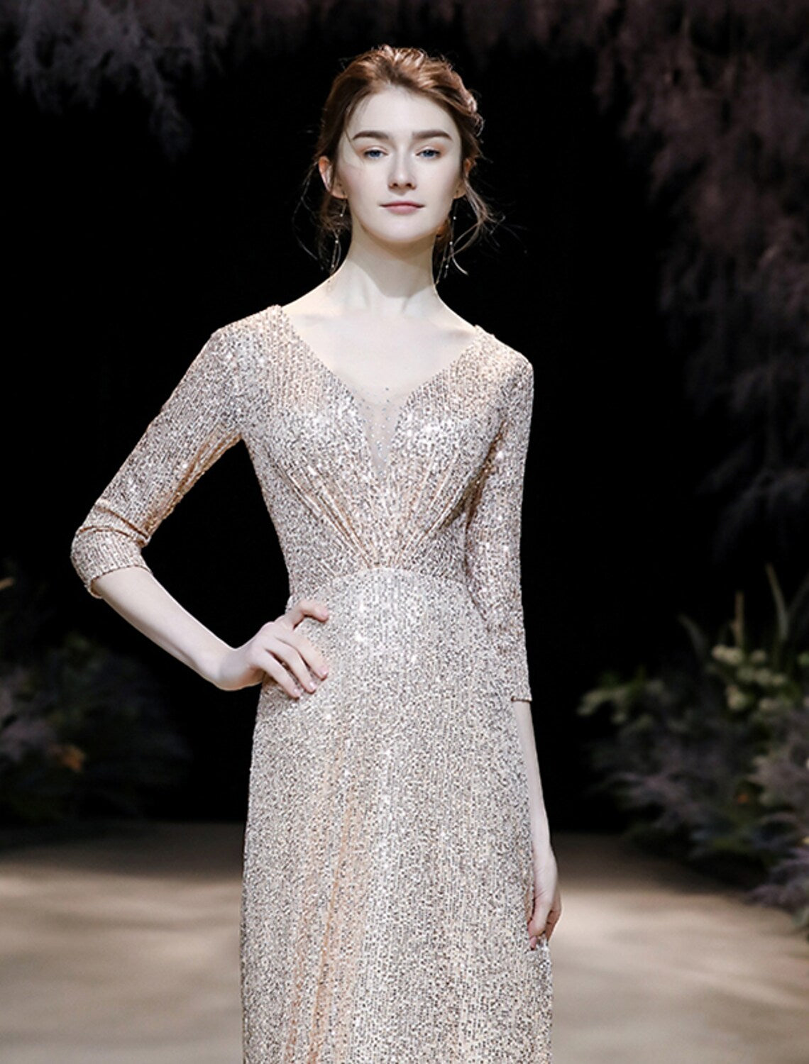 A-Line Prom Dresses Sparkle Dress Engagement Floor Length Sleeve V Neck Sequined with Pleats