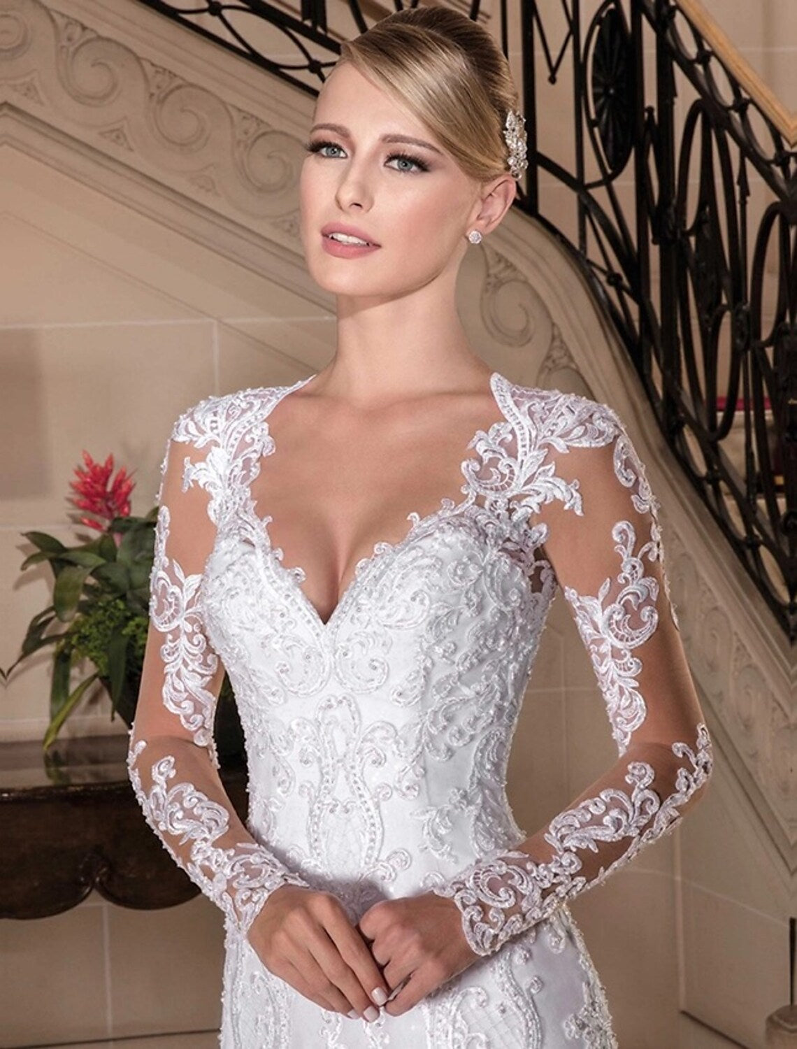 Engagement Formal Wedding Dresses Chapel Long Sleeve V Neck Lace Beading