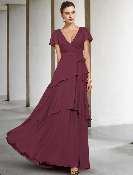 A-Line Mother of the Bride Dress Vintage Elegant V Neck Floor Length Chiffon Short Sleeve Sash Ribbon Cascading Ruffles