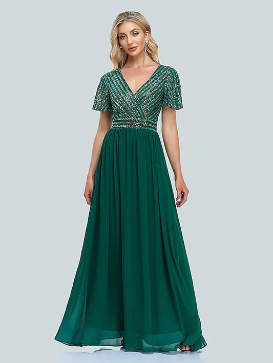 A-Line  Evening Gown Elegant Dress Floor Length Short Sleeve V Neck Sequined