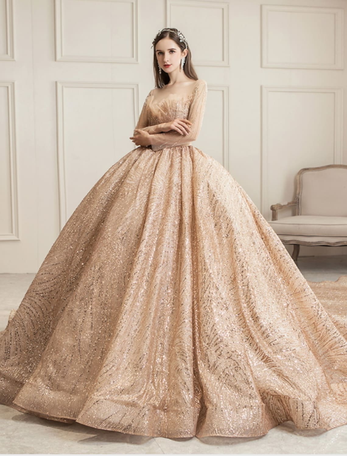 Engagement Wedding Dresses in Formal Wedding Dresses Chapel Train Long Sleeve Tulle With Ruched