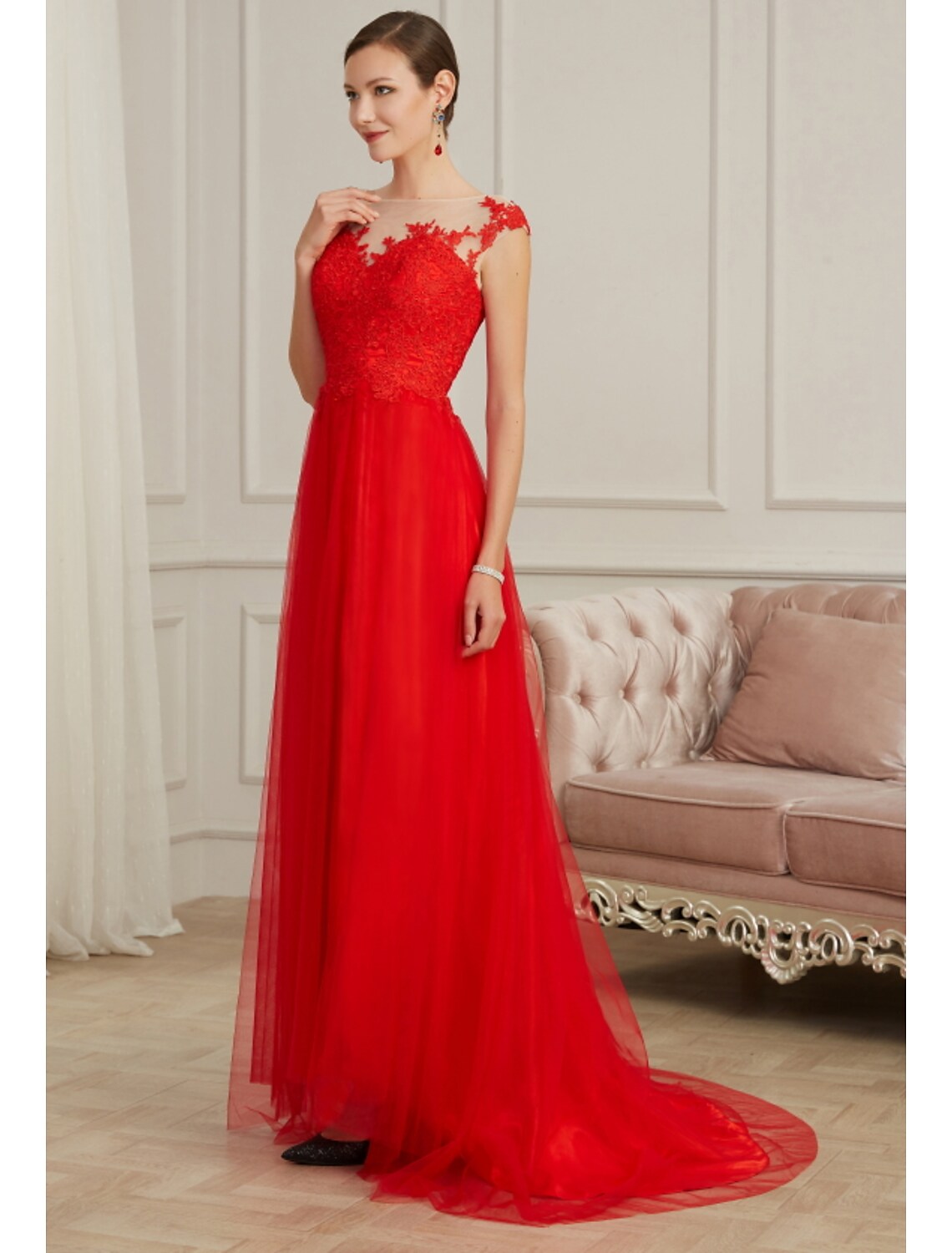 Evening Gown Elegant Dress Engagement Sleeveless Illusion Neck Lace with Slit Appliques