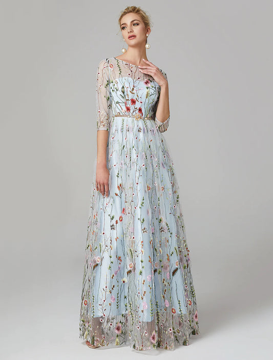 A-Line Evening Gown Elegant Dress Floor Length Sleeve Lace with Embroidery