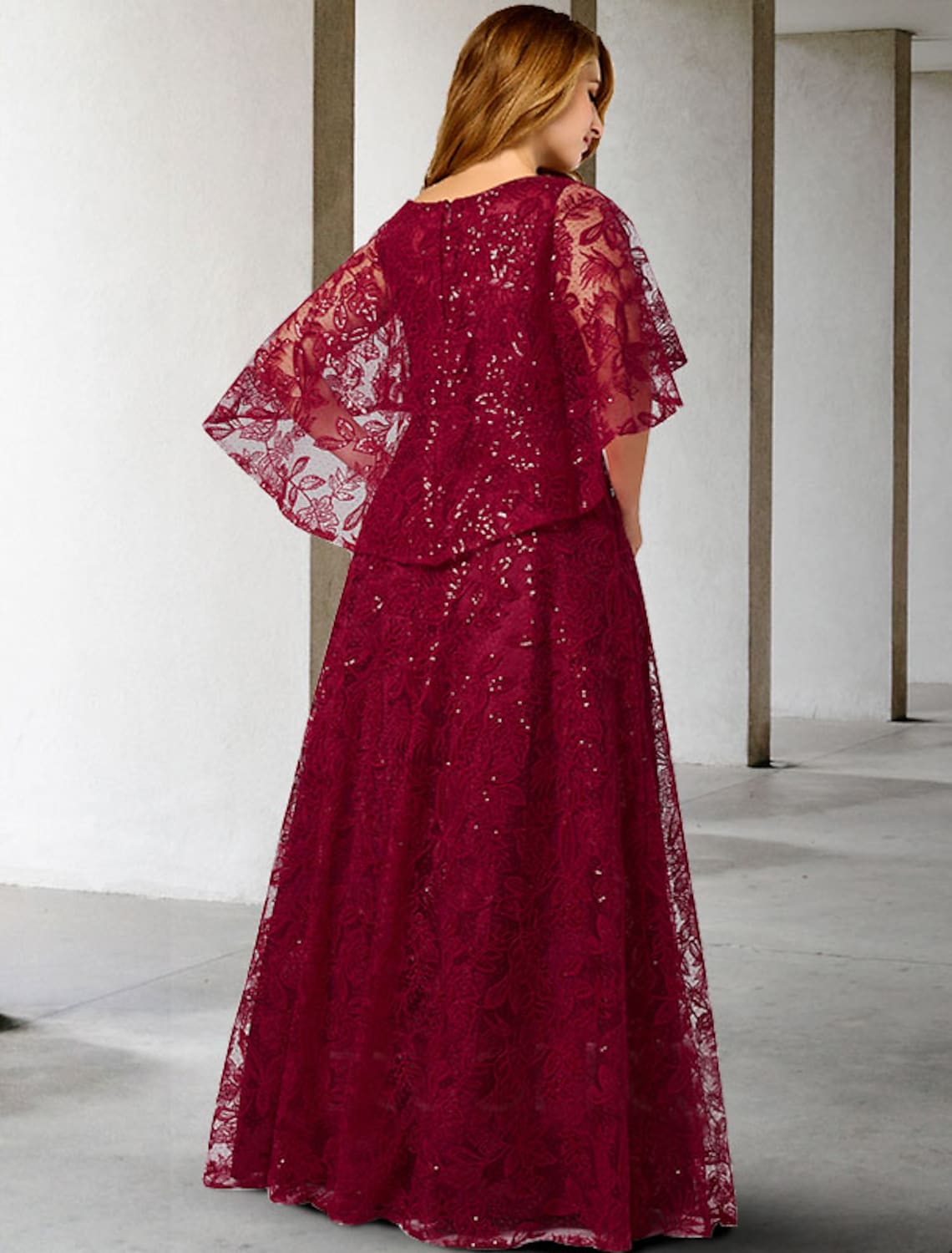 A-Line Mother of the Bride Dress Plus Size Elegant Floor Length Lace Half Sleeve No with Sequin Appliques