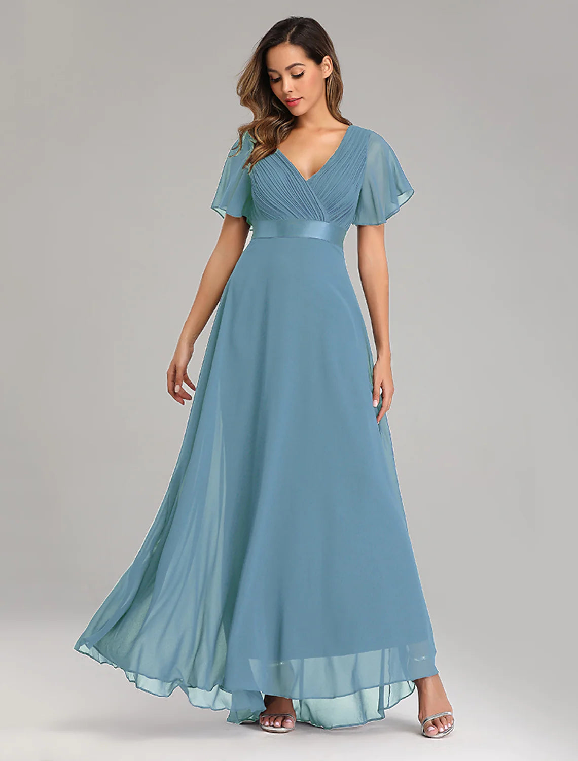 A-Line Prom Dresses Dress Graduation Floor Length Short Sleeve V Neck Chiffon V Back with Ruched Ruffles