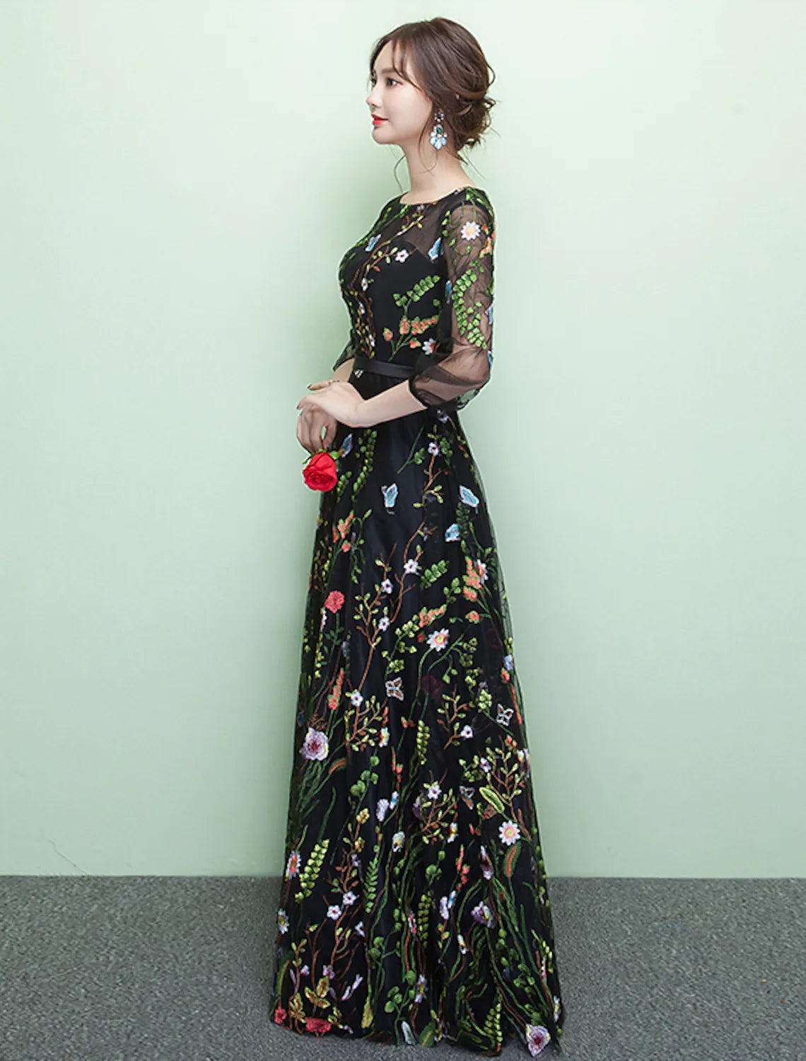 A-Line Elegant Formal Evening Dress Length Sleeve Floor Length Lace with Embroidery