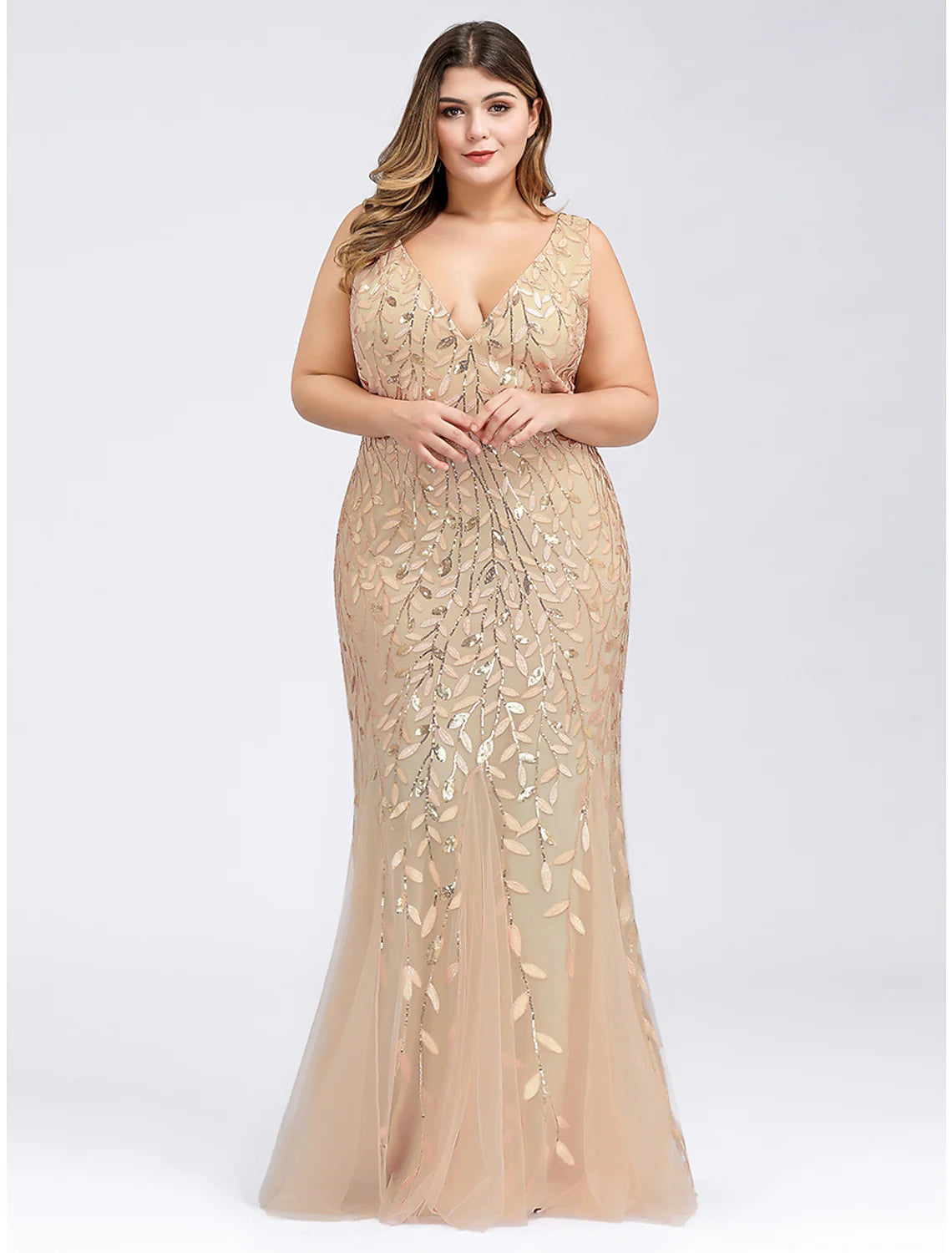 Evening Gown Plus Size Dress Wedding Guest Floor Length Sleeveless V Neck Lace V Back Appliques
