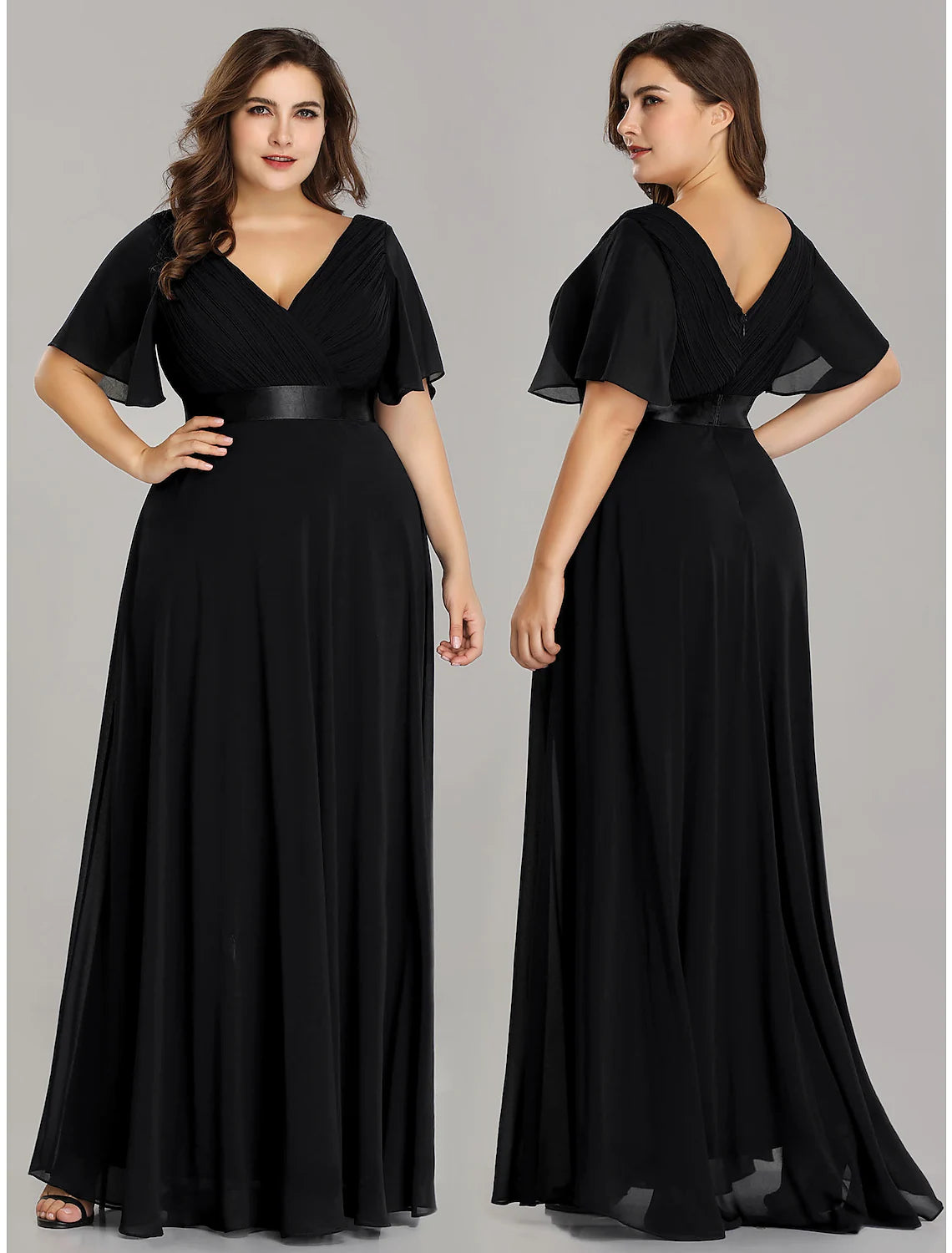 A-Line Plus Size Prom Formal Evening Dress V Neck V Back Short Sleeve Floor Length Chiffon with Pleats Ruched