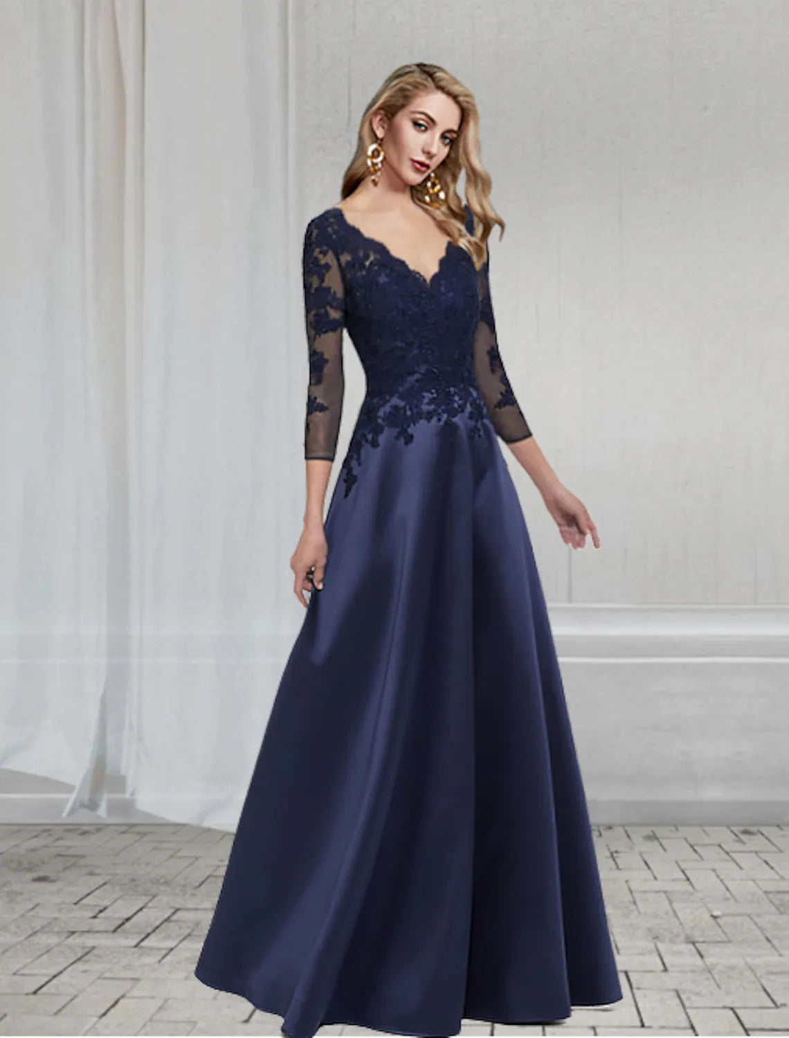 A-Line Elegant Wedding Guest Formal Evening Dress V Neck  Length Sleeve Floor Length Chiffon with Appliques