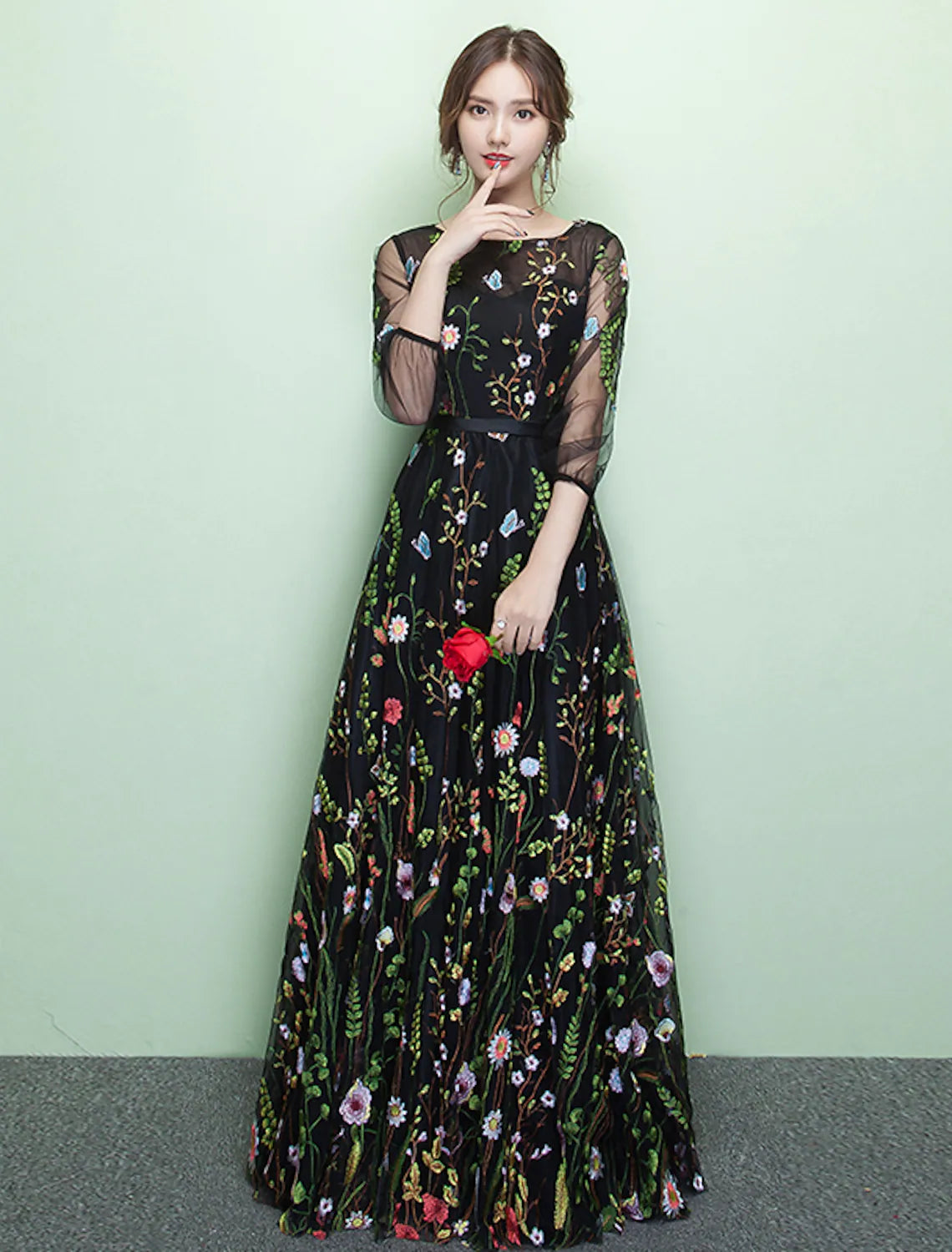 A-Line Elegant Formal Evening Dress Length Sleeve Floor Length Lace with Embroidery