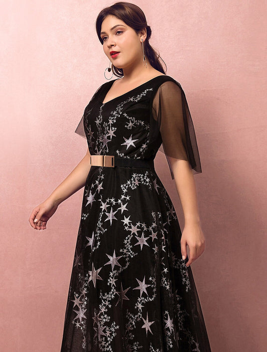 A-Line Plus Size Prom Formal Evening Dress V Neck Half Sleeve Floor Length Lace with Sash Ribbon Pleats Sequin