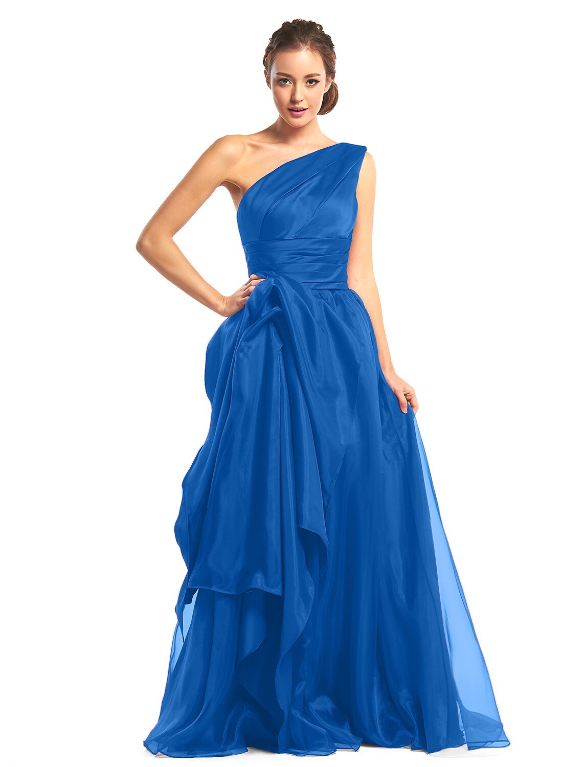 Elegant Prom Formal Evening Dress One Shoulder Sleeveless Floor Length Organza with Side Draping