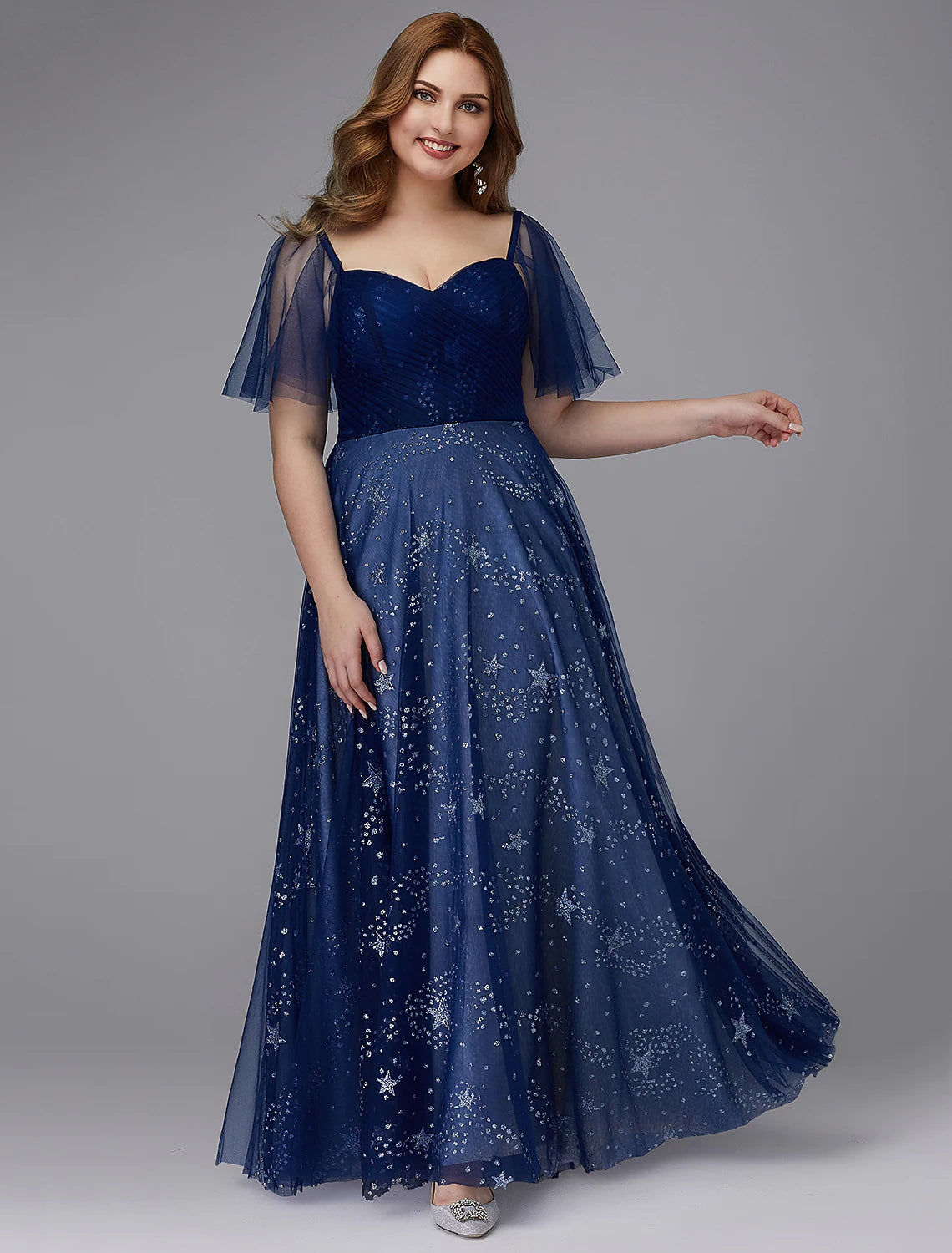 A-Line Plus Size Dress Prom Floor Length Short Sleeve TulleLace-up with Beading Pattern Print