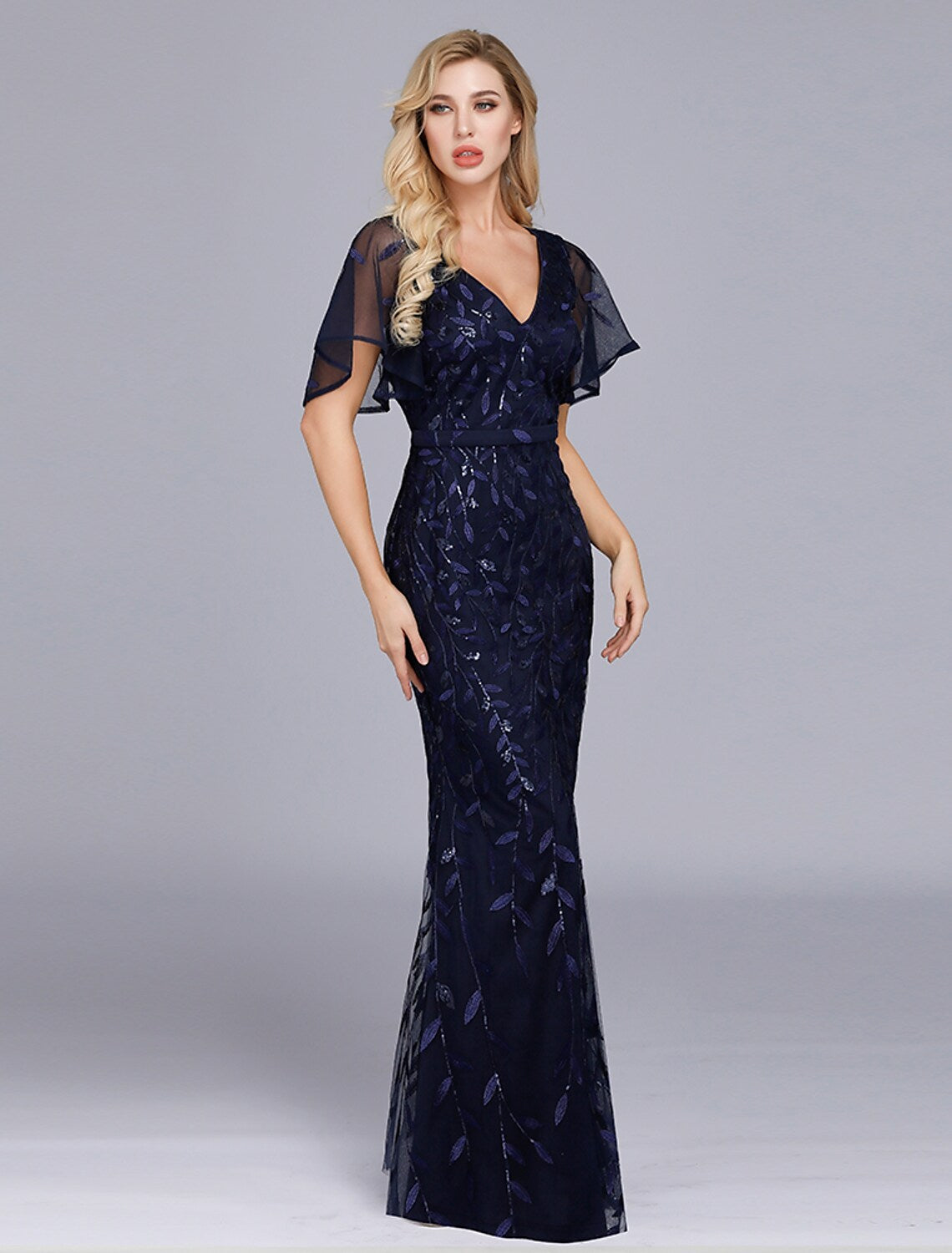 Evening Gown Dress Party Wear Floor Length Short Sleeve Tulle with Ruffles Embroidery