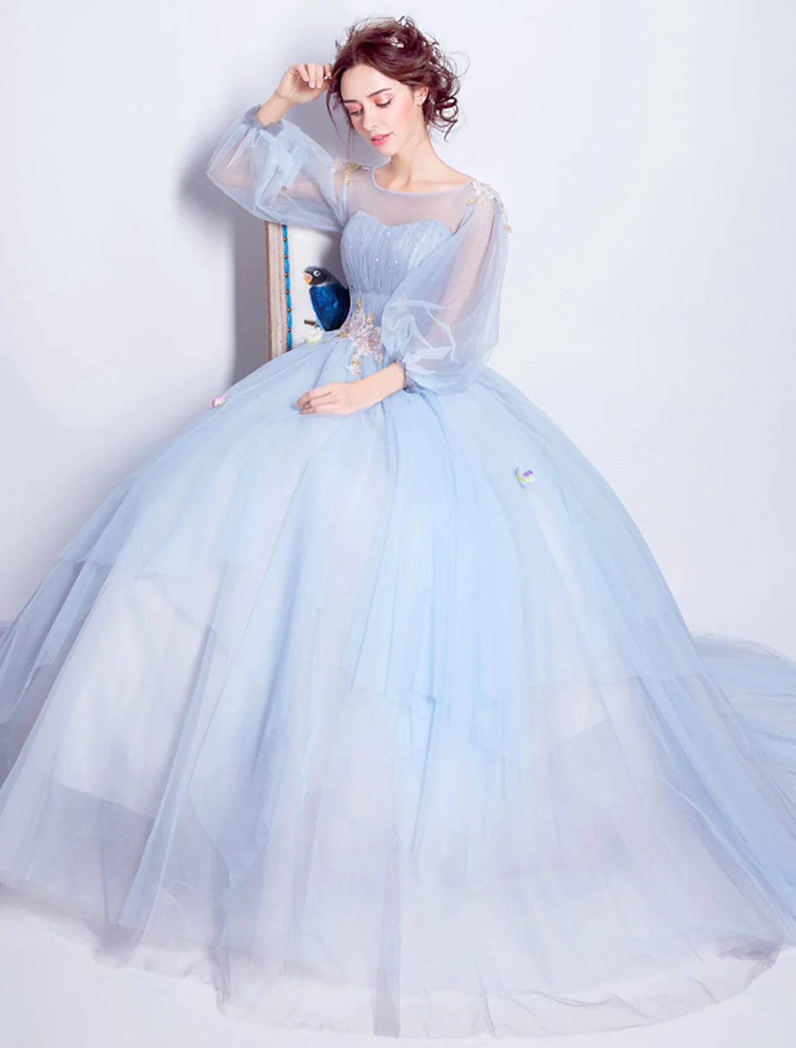 Puffy Quinceanera Engagement Dress Length Sleeve Floor Length Tulle leats