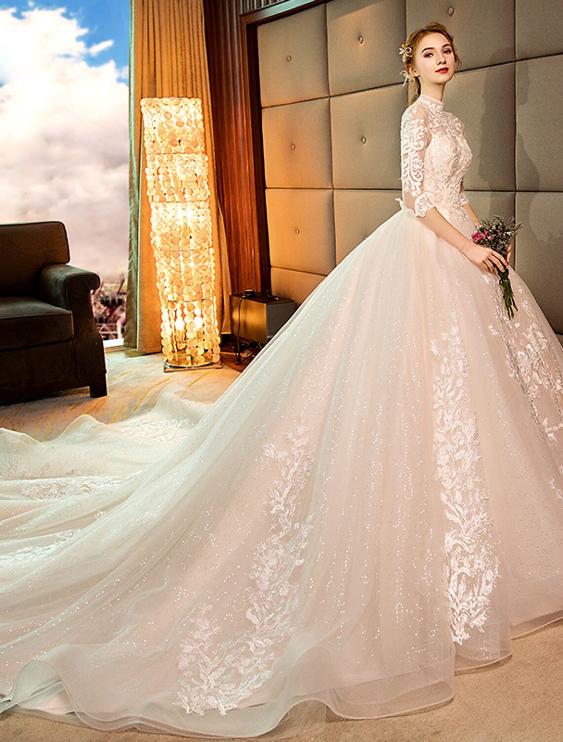 Engagement Open Back Formal Wedding Dresses  Princess Long Sleeve High Neck Lace With Sequin Appliques