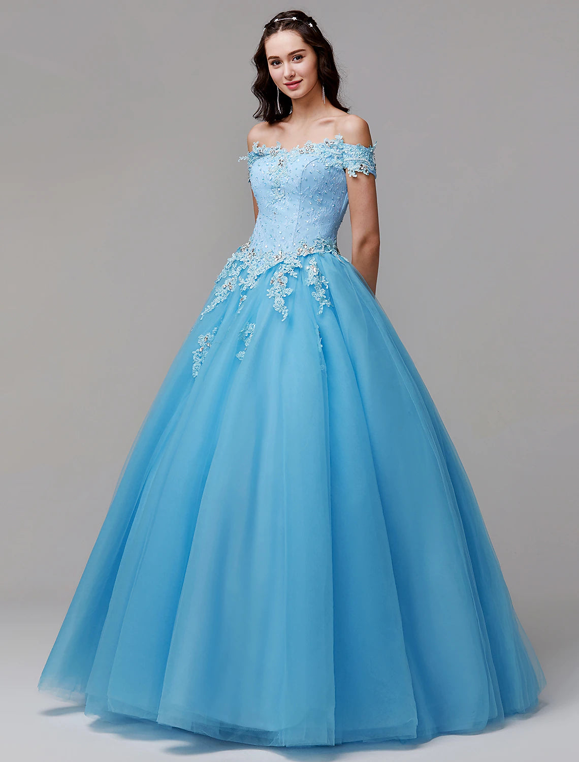 Vintage Dress Evening Floor Length Sleeveless Off Shoulder Lace Appliques