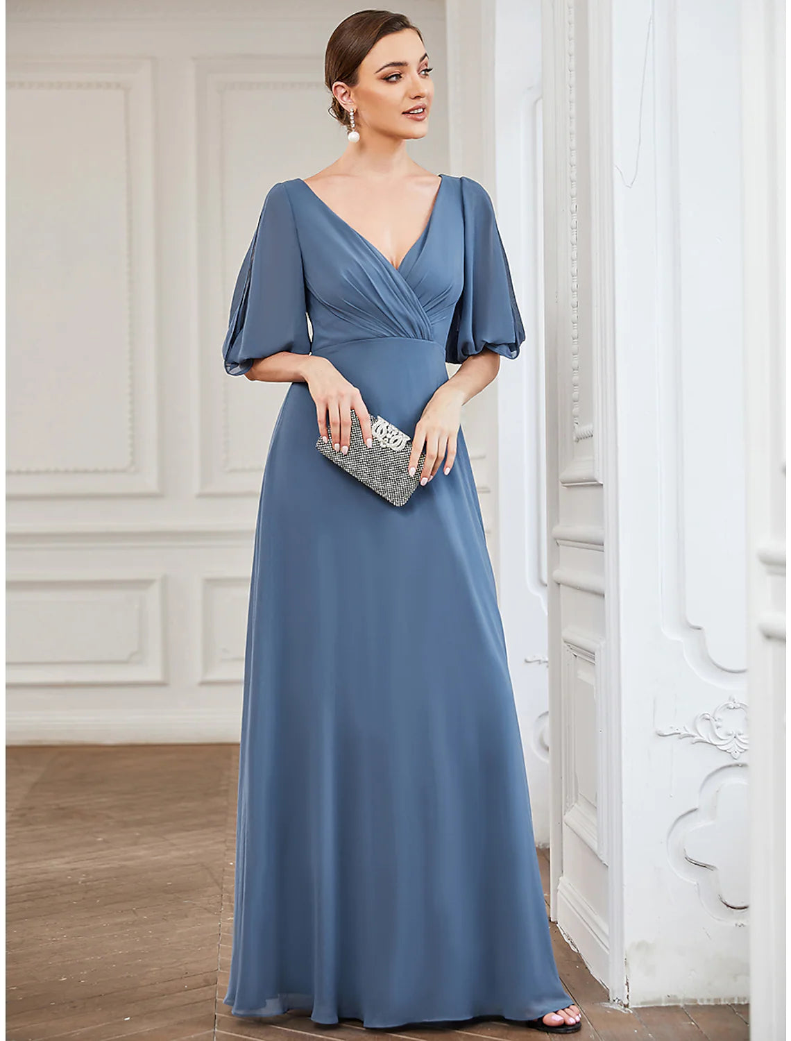 A-Line Evening Gown Dress Wedding Guest Floor Length Half Sleeve V Neck Chiffon with Pleats