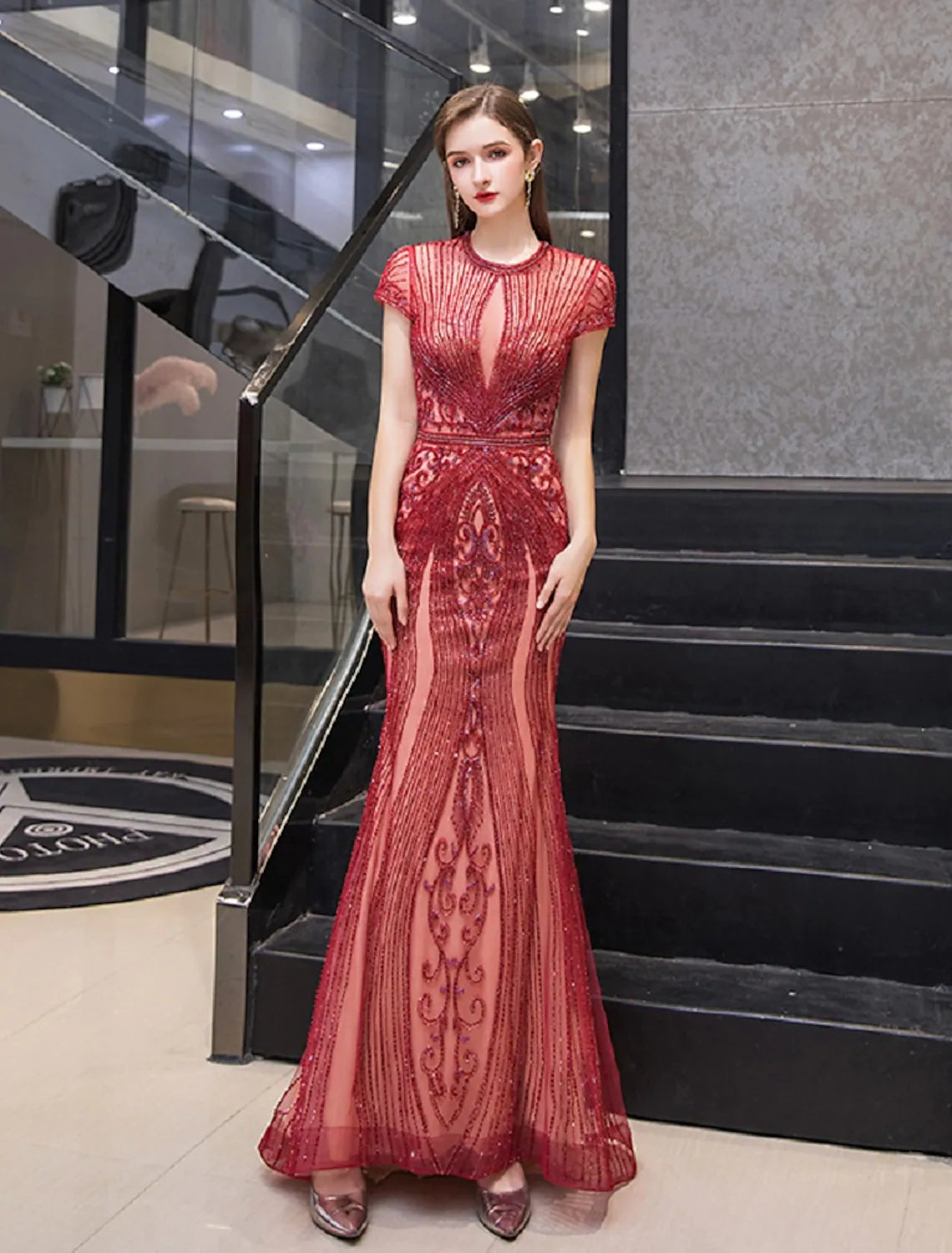 Evening Gown Luxurious Dress Engagement Short Sleeve Jewel Neck Tulle with Beading