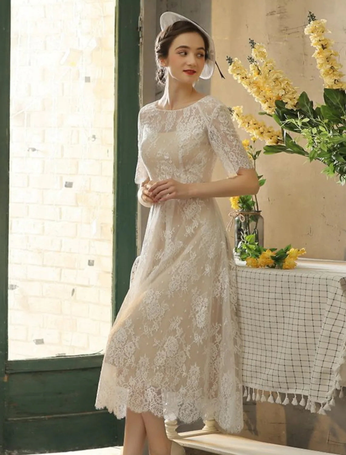 Bridal Little White Dresses Wedding Dresses A-Line Half Sleeve Lace With Sash Ribbon Appliques
