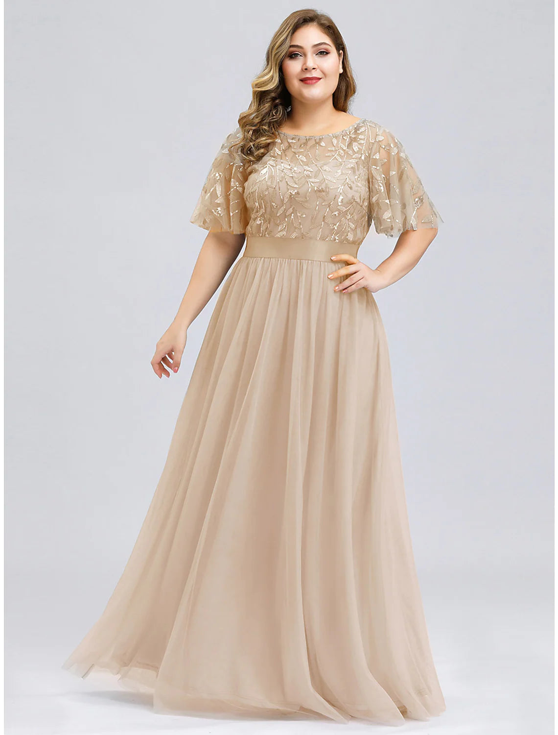 A-Line Prom Dresses Dress Wedding Guest Floor Length Short Sleeve Tulle with Sequin Appliques