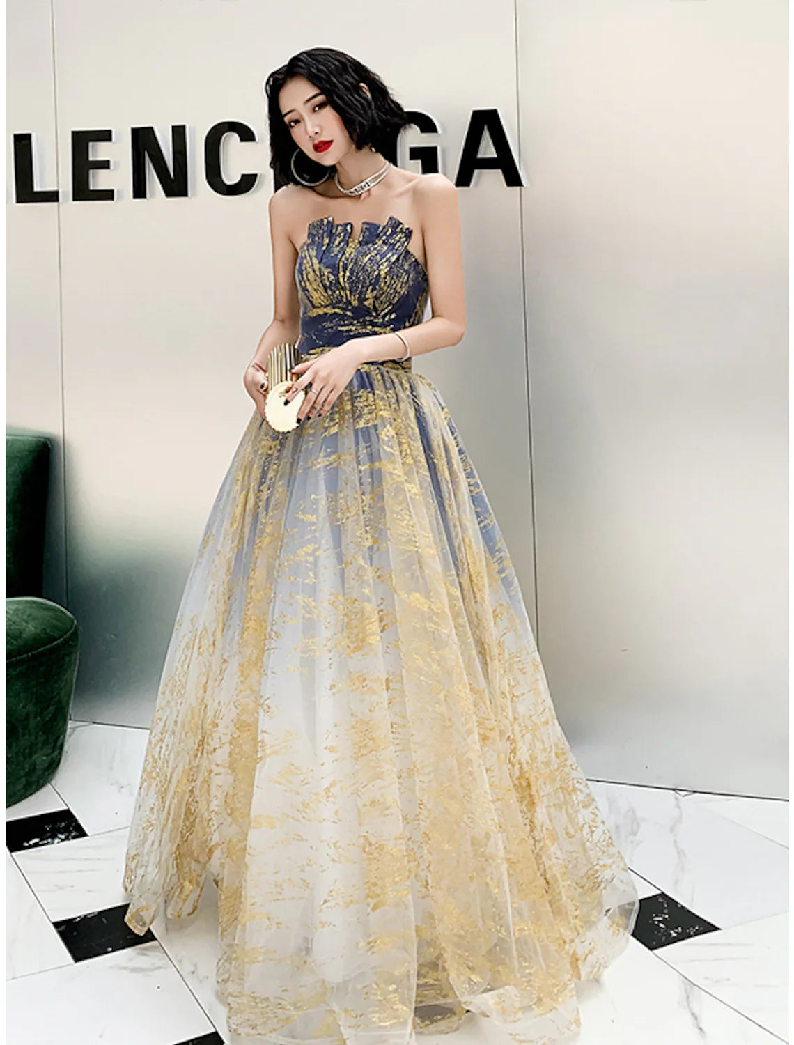 A-Line Sparkle Engagement Prom Dress Strapless Sleeveless Floor Length Sequined with