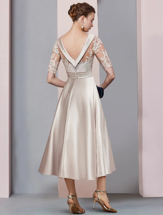 A-Line Mother of the Bride Dress Wedding Vintage Elegant   Lace Half Sleeve with Ruched Appliques