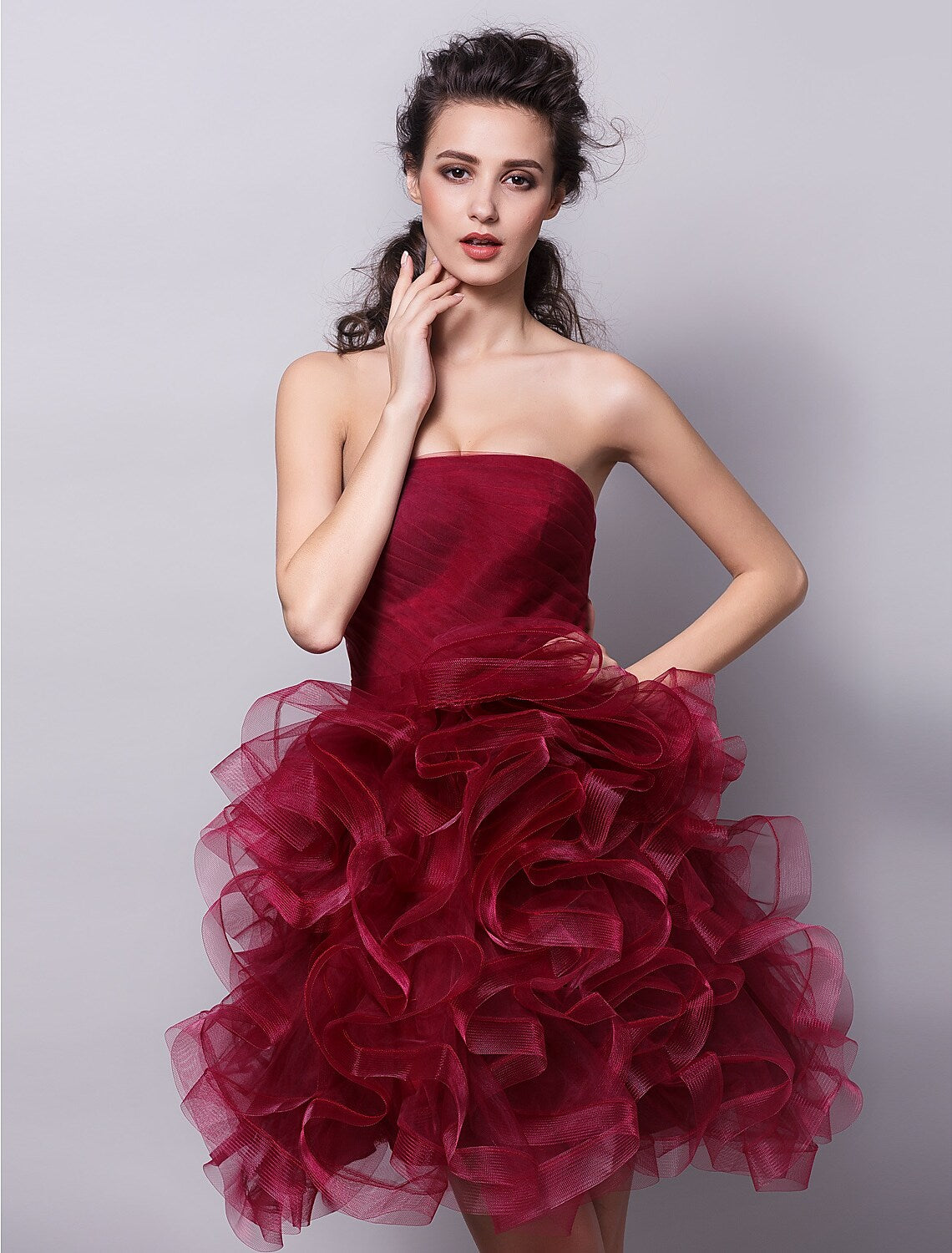 Cocktail Party Dress Strapless Sleeveless Short Mini Tulle with Ruched Tier