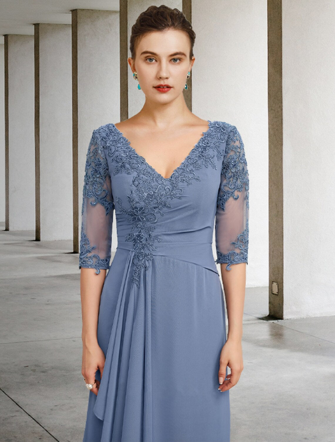 A-Line Mother of the Bride Dress Vintage Elegant V Neck Floor Length Chiffon Lace Half Sleeve Appliques Ruching