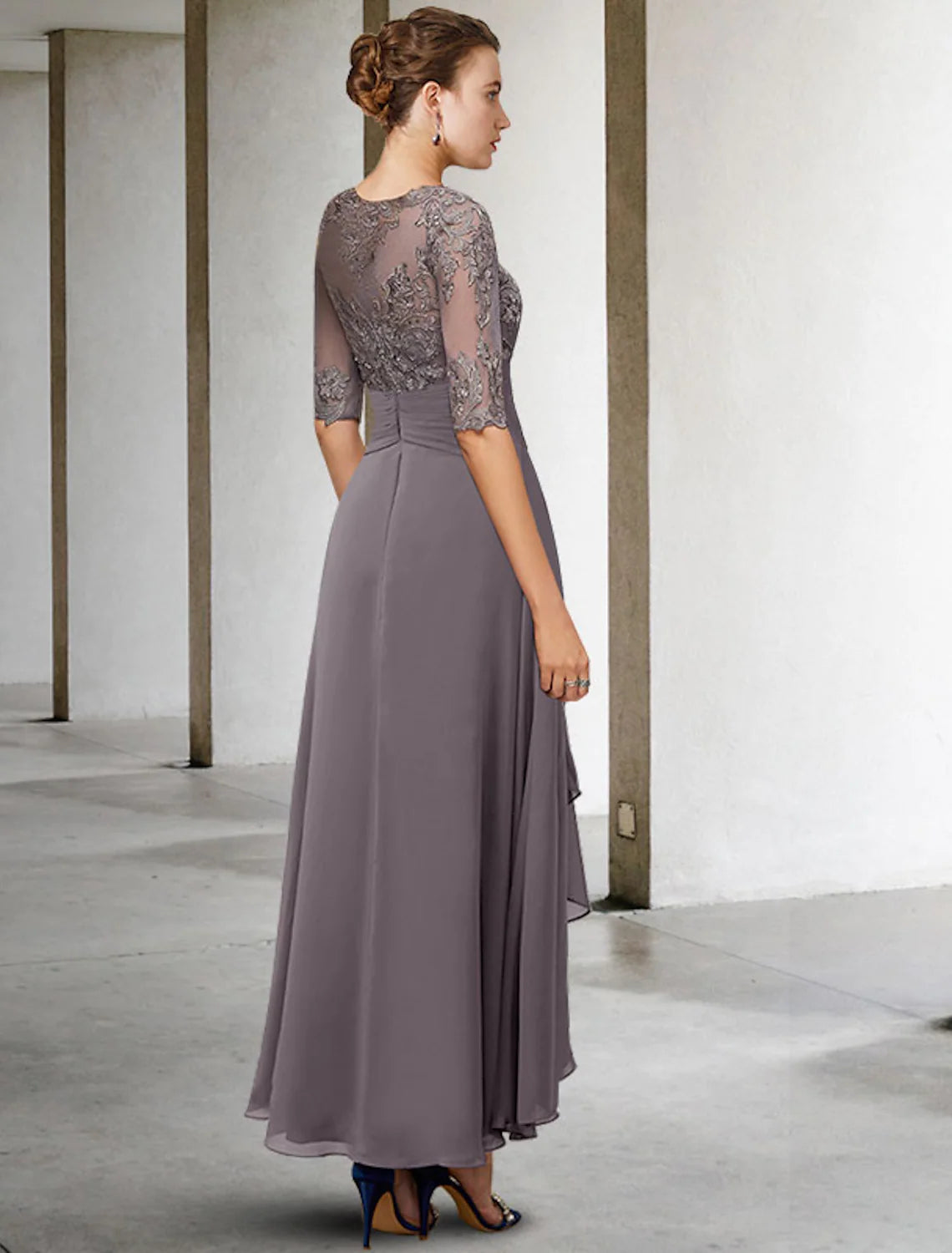 A-Line Mother of the Bride Dress Plus Size Elegant Asymmetrical Ankle Length Chiffon Lace Half Sleeve Beading Appliques