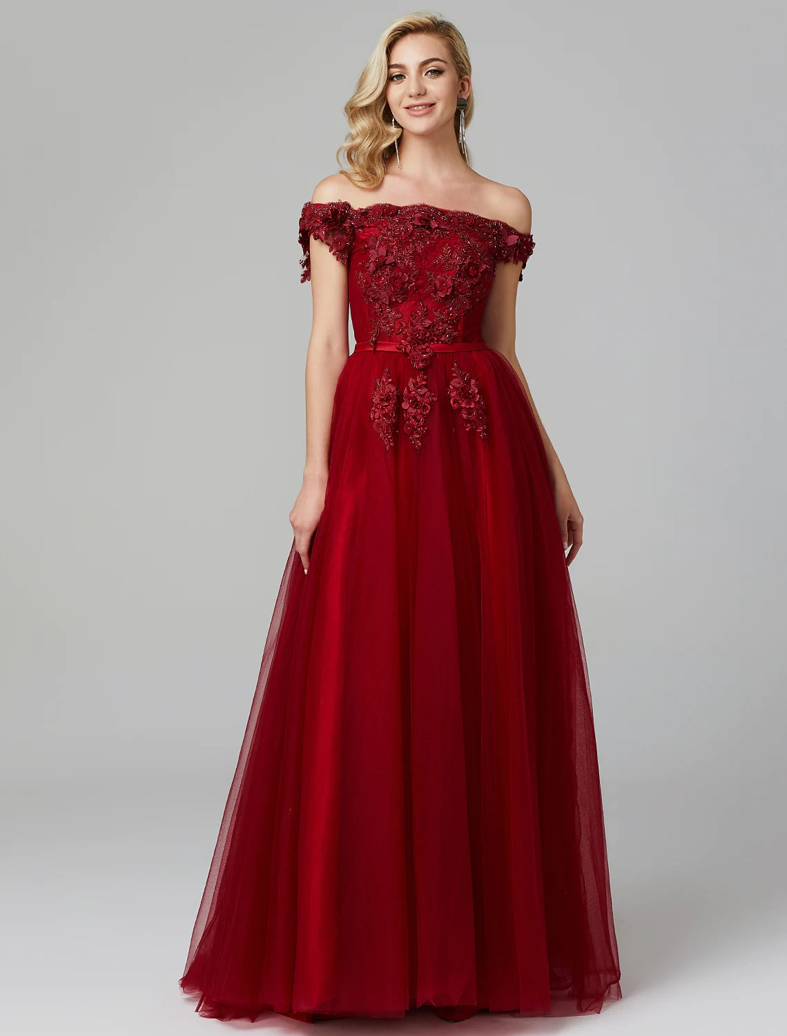 A-Line Floral Dress Wedding Sleeveless Off Shoulder Tulle Over Lace with Appliques