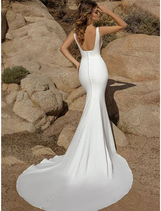Beach Open Back Casual Wedding Dresses Sleeveless  Stretch Fabric Buttons