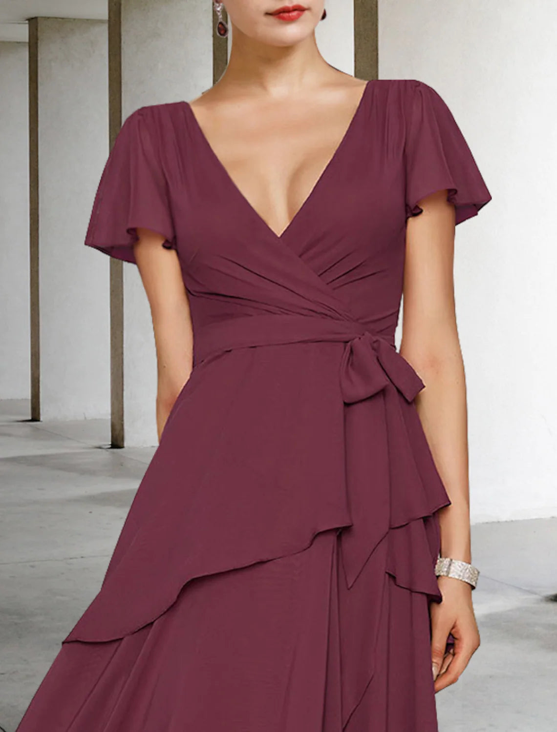 A-Line Mother of the Bride Dress Vintage Elegant V Neck Floor Length Chiffon Short Sleeve Sash Ribbon Cascading Ruffles