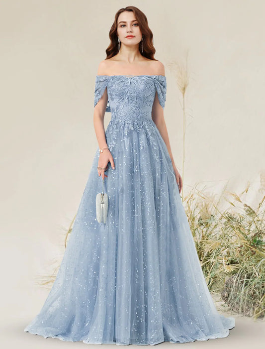A-Line Prom Dresses Elegant Dress Wedding Guest Sleeveless Off Shoulder Lace with Pleats