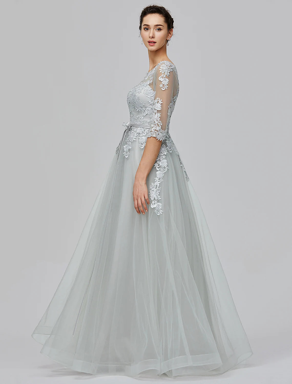 A-Line Dress Wedding Guest Floor Length Half Sleeve Tulle with Bow(s) Appliques