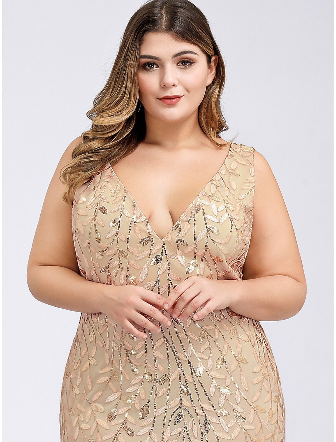 Evening Gown Plus Size Dress Wedding Guest Floor Length Sleeveless V Neck Lace V Back Appliques