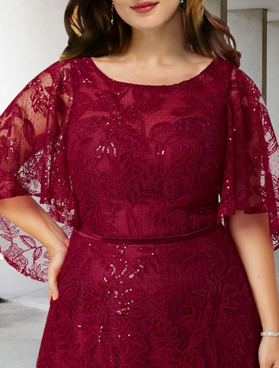 A-Line Mother of the Bride Dress Plus Size Elegant Floor Length Lace Half Sleeve No with Sequin Appliques
