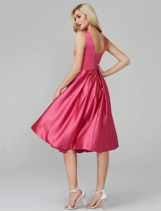 A-Line Party Dress Wedding Knee Length Sleeveless V Satin with Sash Ribbon