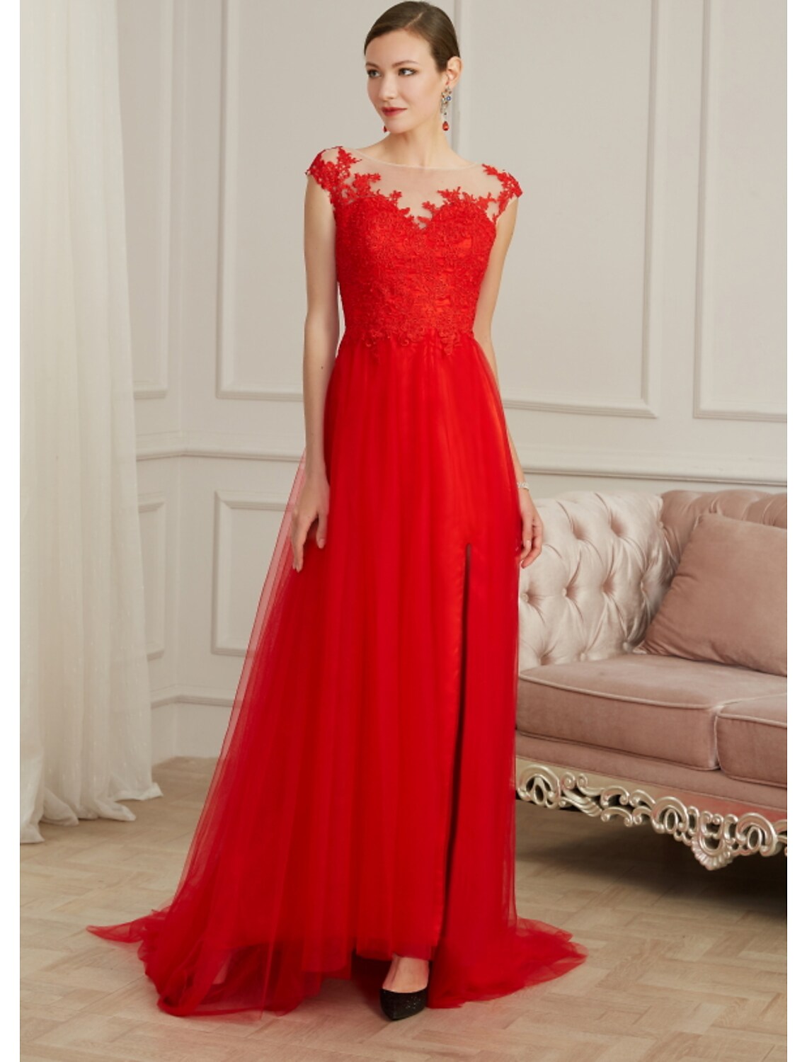 Evening Gown Elegant Dress Engagement Sleeveless Illusion Neck Lace with Slit Appliques