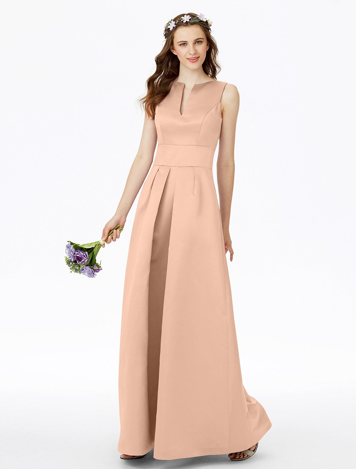 A-Line Bridesmaid Dress Notched Sleeveless Elegant Floor Length Satin with Pleats Pocket