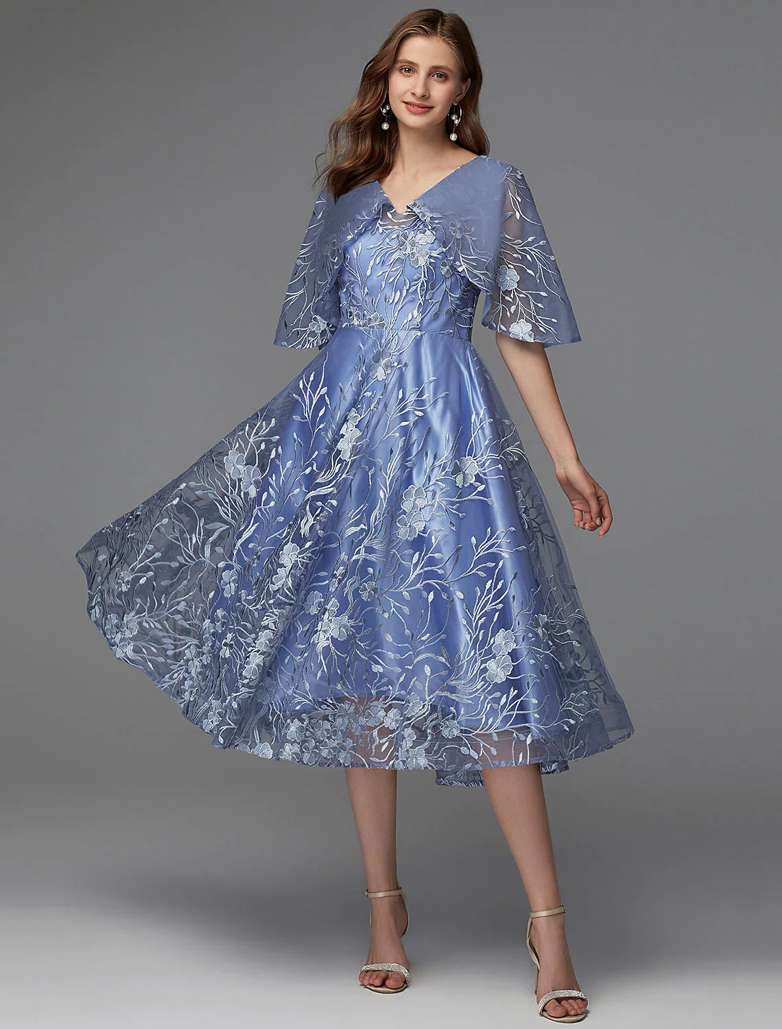 A-Line Floral Dress Wedding Guest Sleeveless V Neck Lace V Back with Pattern Print Appliques