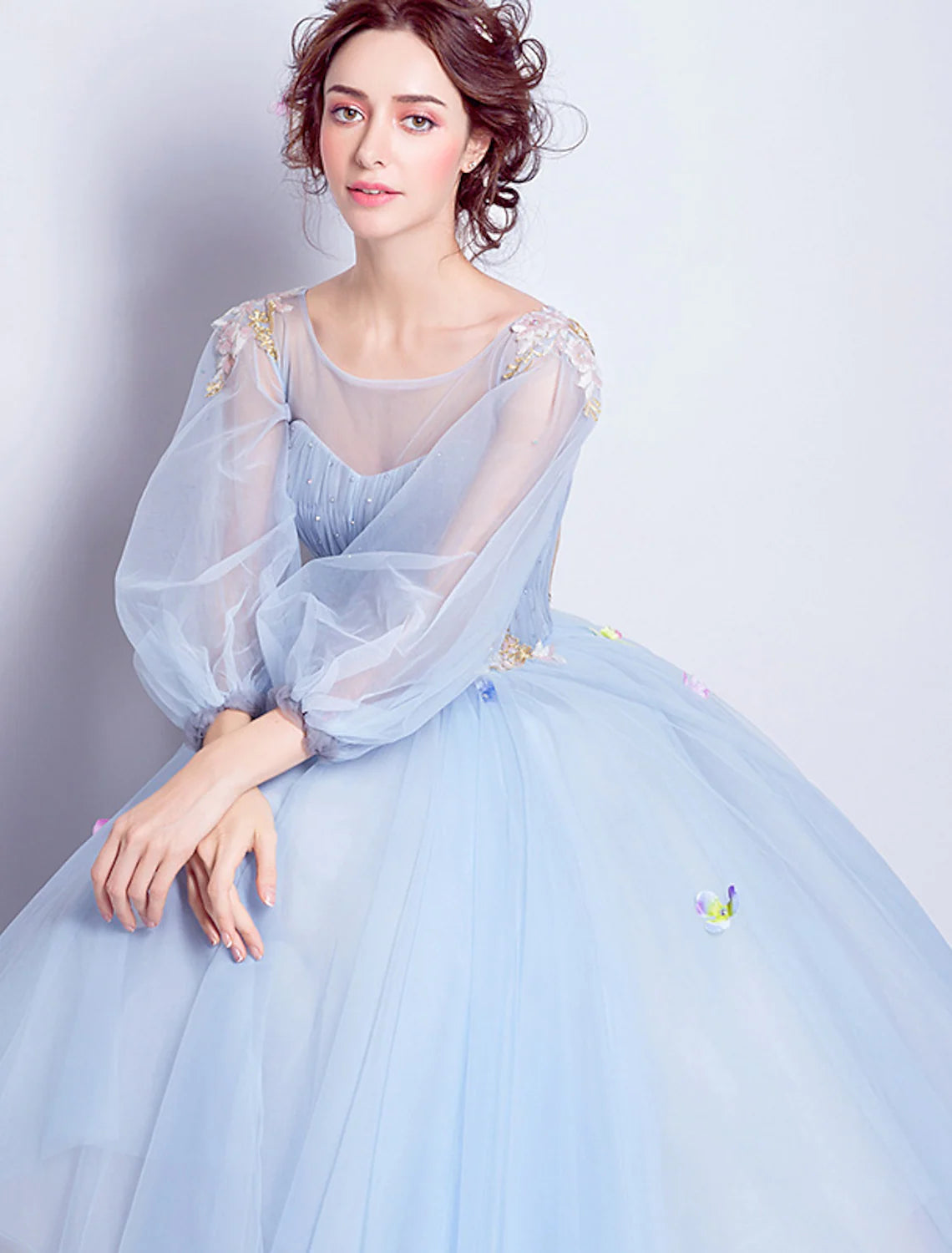 Puffy Quinceanera Engagement Dress Length Sleeve Floor Length Tulle leats