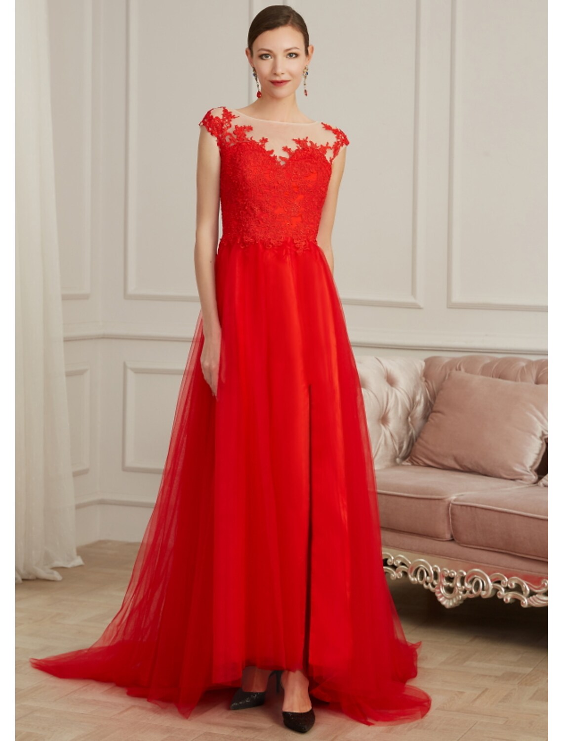 Evening Gown Elegant Dress Engagement Sleeveless Illusion Neck Lace with Slit Appliques