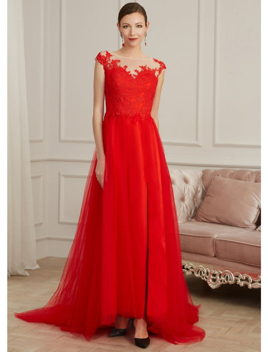 Evening Gown Elegant Dress Engagement Sleeveless Illusion Neck Lace with Slit Appliques