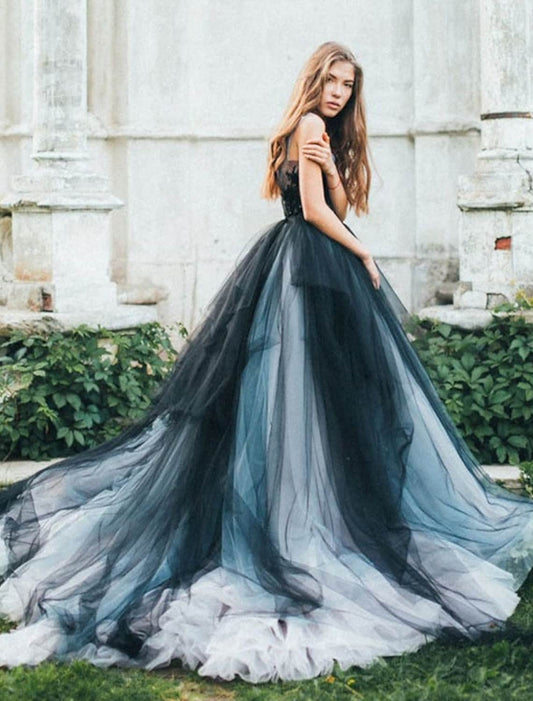 Evening Gown Color Block Dress Engagement Sleeveless V Neck Tulle V Back with Pleats Appliques